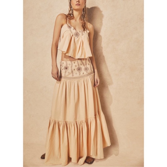 Free People Crystal Cove Linen Embellished Top & MIDI Skirt Set L - Picture 2 of 10